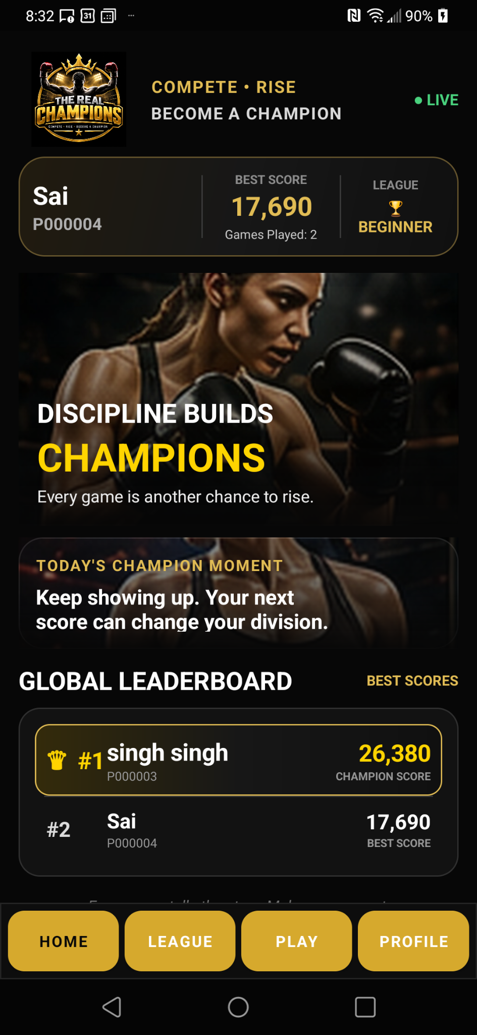 The Real Champions phone app showing player profile, best score, league and global leaderboard